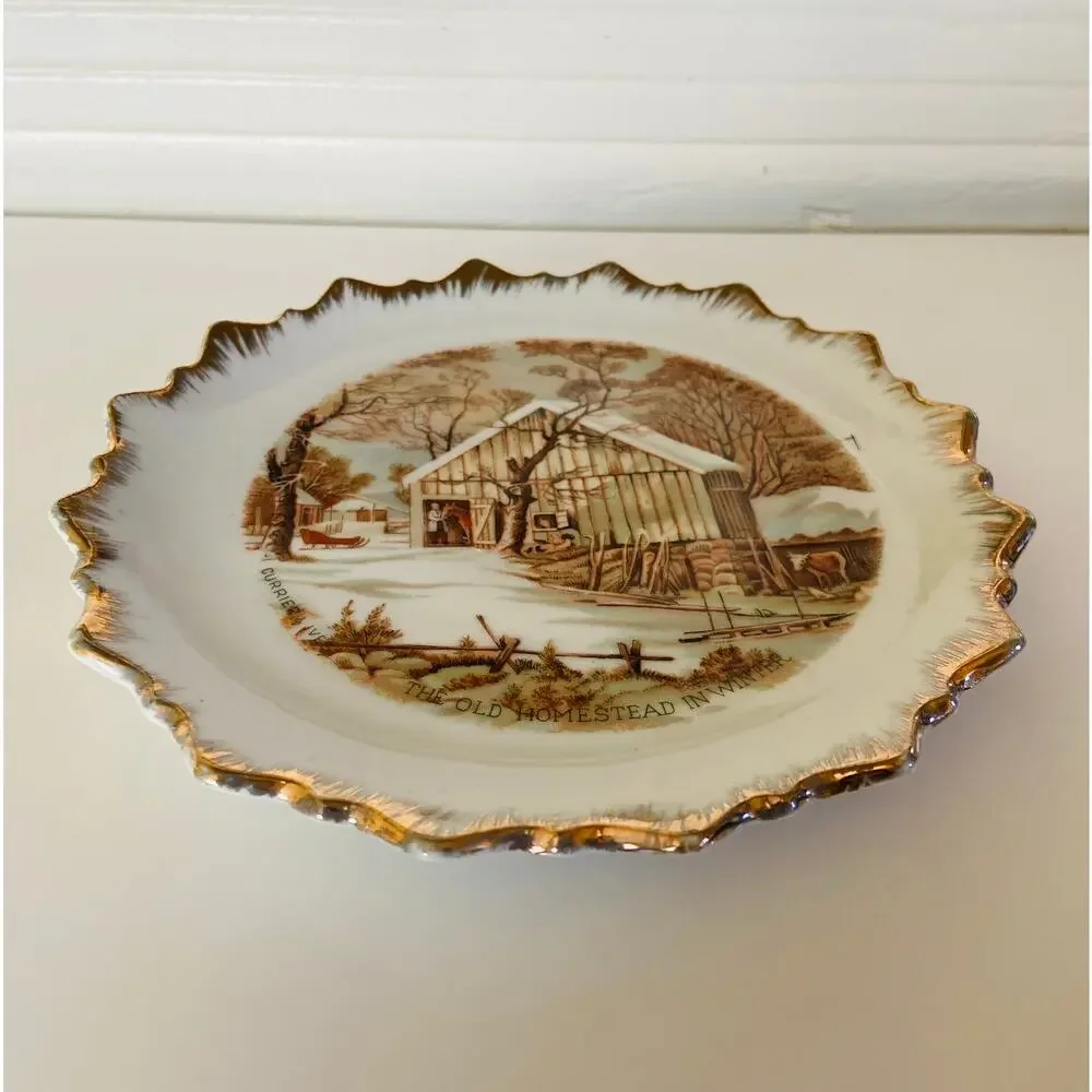 VINTAGE Currier & Ives Old Homestead in Winter Snow Rustic Porcelain 7 in Plate